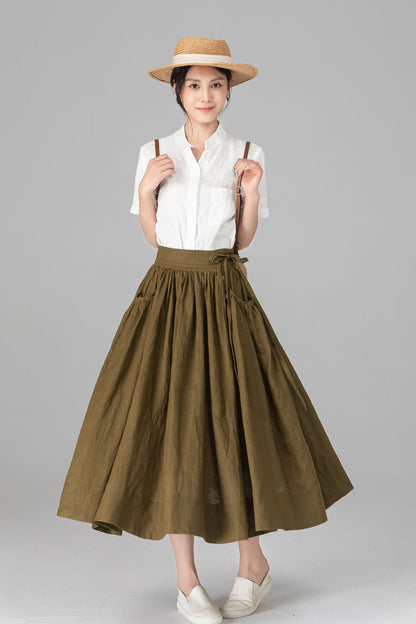 Olive Green Linen Midi Skirt - High Waisted A-Line with Pleats C5522