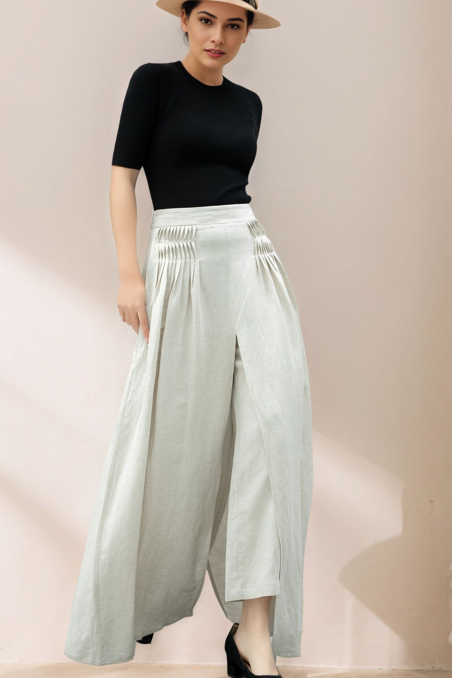 White Wide Leg Linen Palazzo Pant C5361