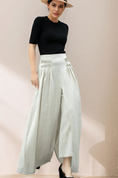 White Wide Leg Linen Palazzo Pant C5361