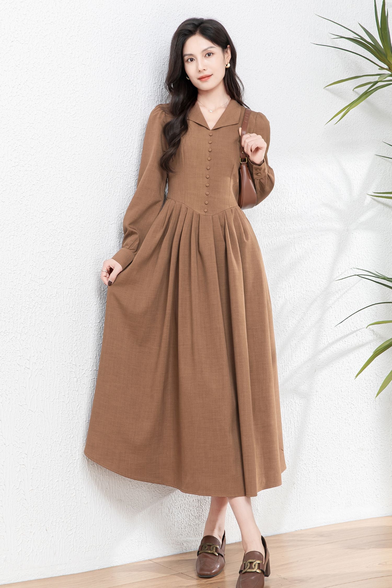 vintage inspired midi dress Vintage-Inspired Shirt Dress – Long Sleeve Midi Dress C4759 brown / XS