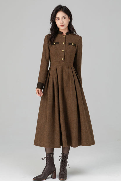 Warm Winter Military Button front Wool Dress Women C5194
