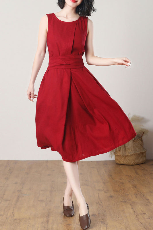 Red Sleeveless Midi Linen Dress C3262