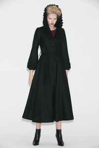 Long black hooded winter wool coat C706