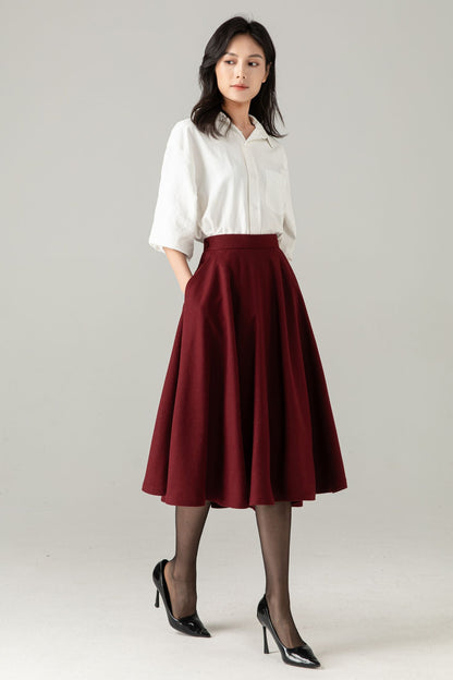 Burgundy Wool Midi Skirt: High Waist Winter A-Line Swing Skirt with Pockets, Ylistyle C5371