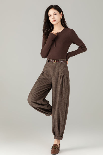 Brown Wool Striped Trousers - Classic Fit & Comfort | Winter Smart Casual Pants C5244