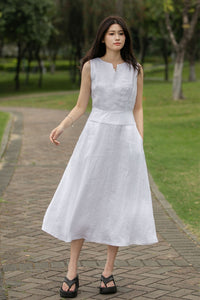 Sleeveless linen midi womens Dress C4013