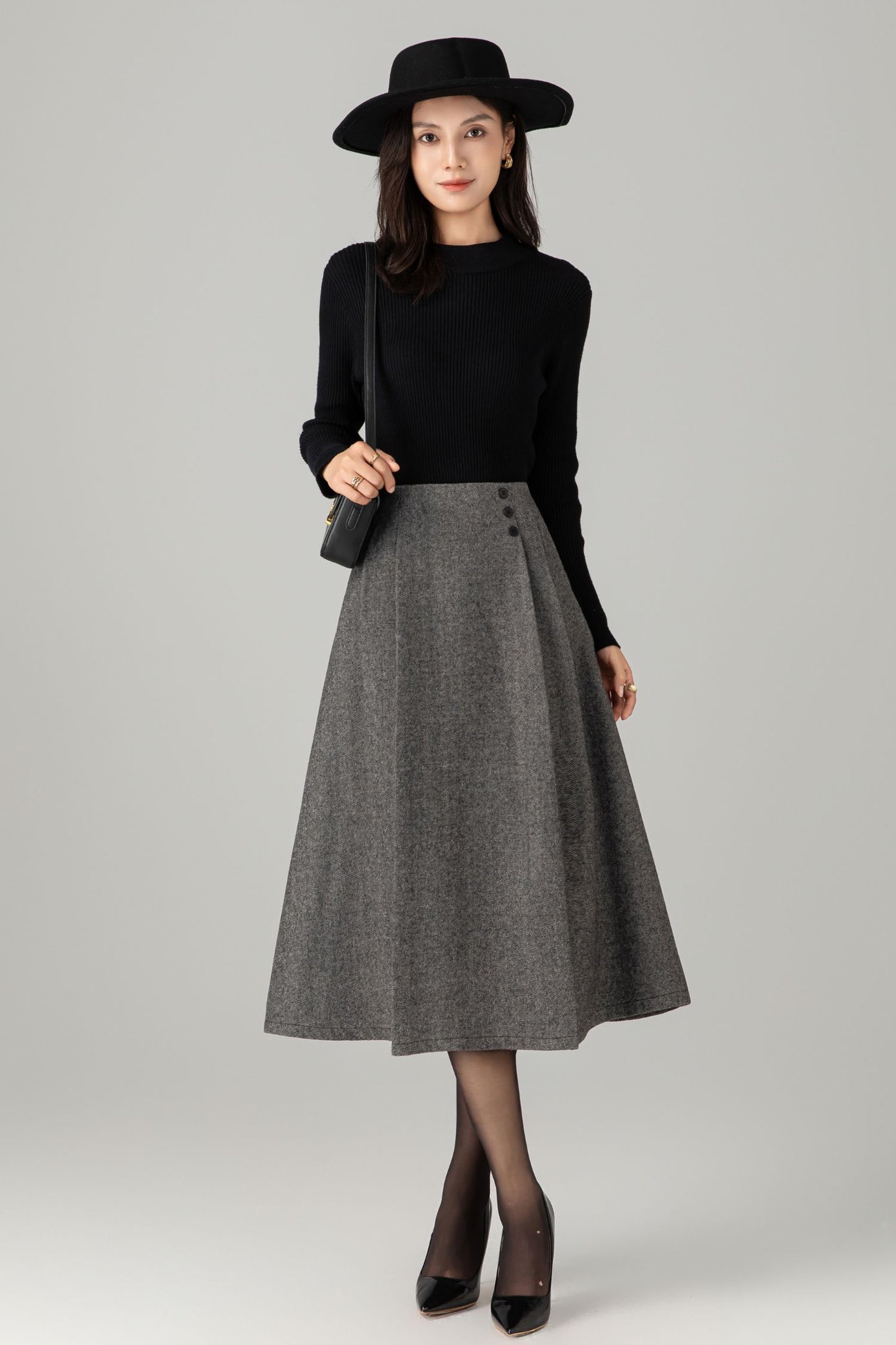 A line gray midi winter wool skirt C5277