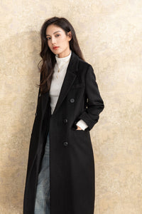 Black winter long casual wool coat C4467