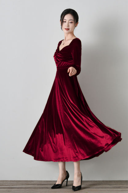 Elegant Burgundy Velvet Long Dress C4699