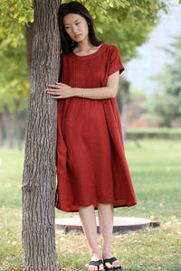 Red linen dress midi dress C283