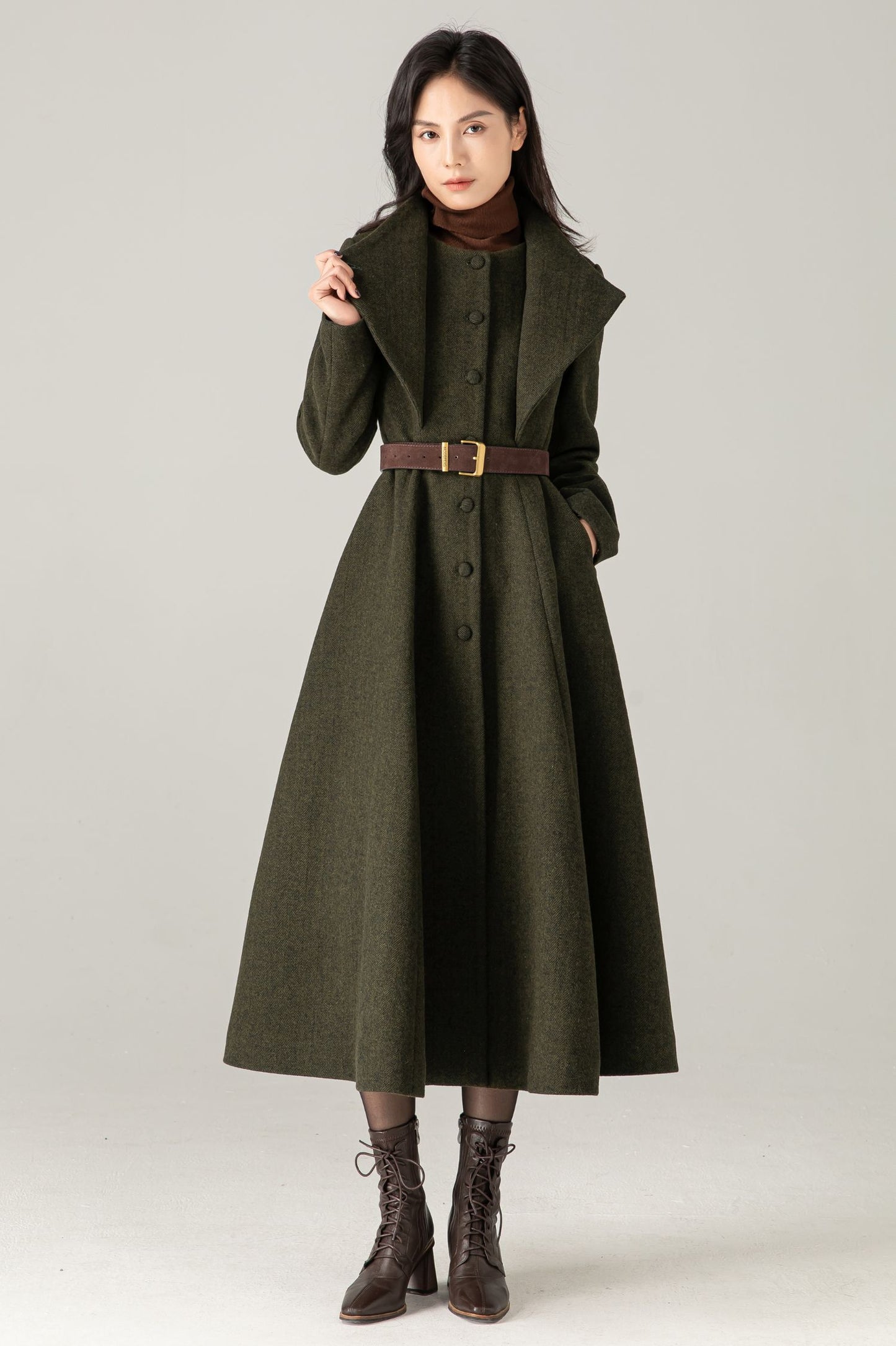 Olive Green Wool Blend Maxi Coat - Fit and Flare with Asymmetric Collar 5373