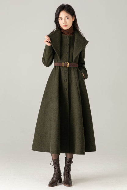 Olive Green Wool Blend Maxi Coat - Fit and Flare with Asymmetric Collar 5373