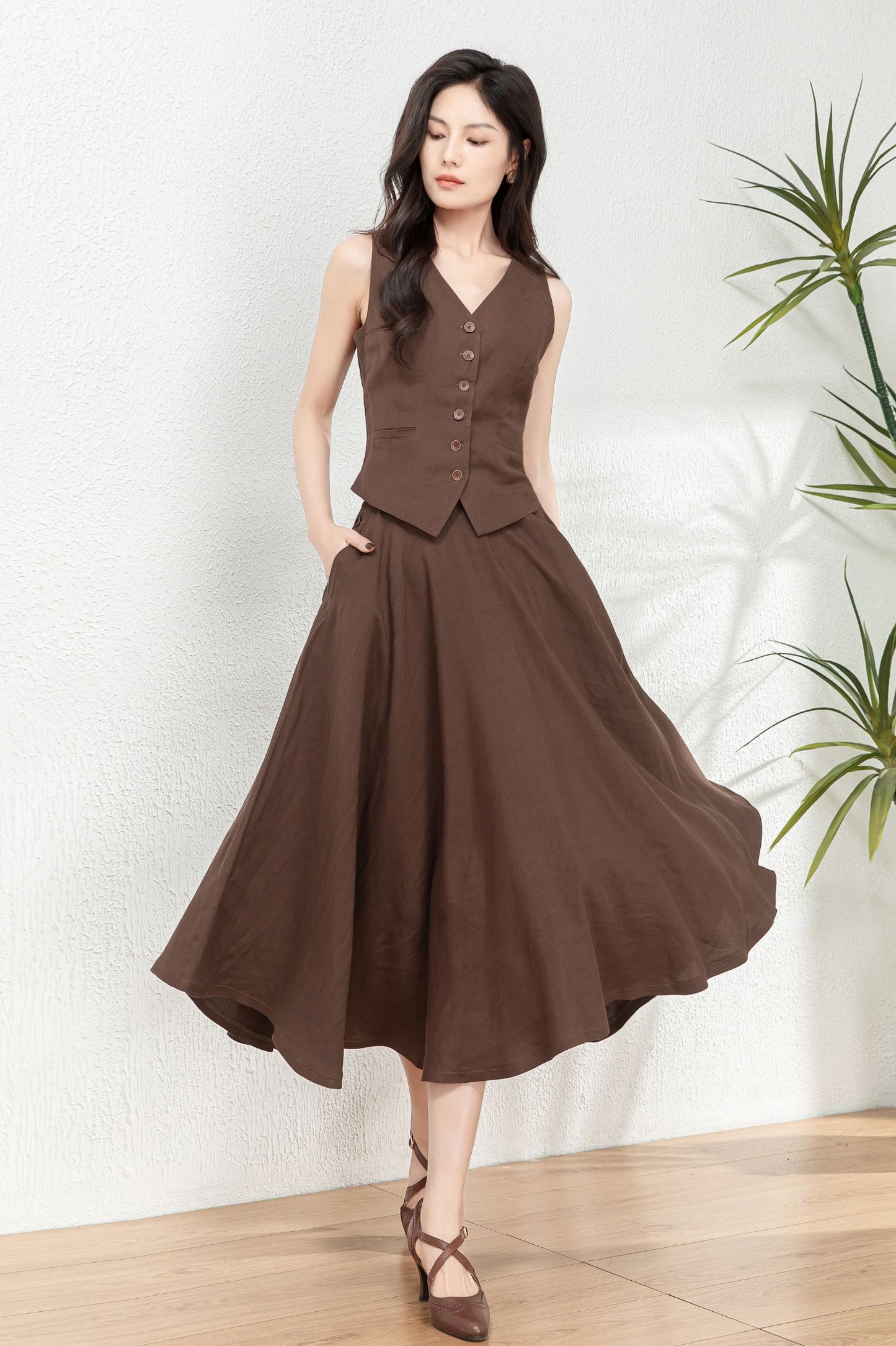 Brown Linen Swing Mid-Length A-Line Skirt C4764