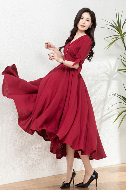 Burgundy fit and flare linen dress C4771