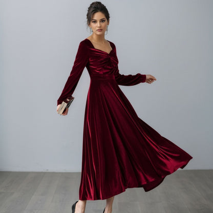 Elegant Burgundy Velvet Long Dress C5357