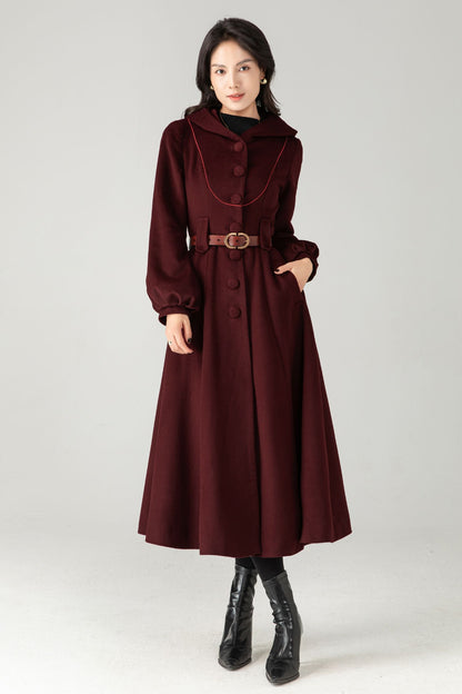 Burgundy Wool Blend Hooded Coat: Retro Belted A-Line Long Winter Coat C5343