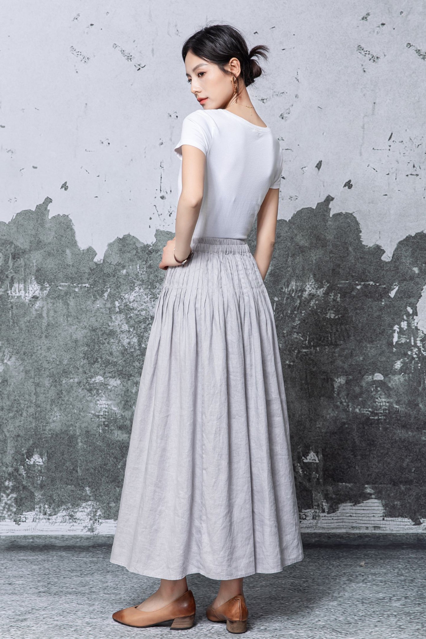 Gray Linen Maxi Skirt - Elastic Waist Pleated A-Line Silhouette c5466