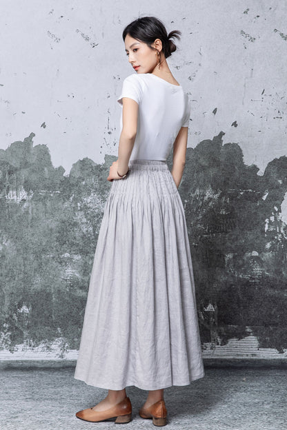 Gray Linen Maxi Skirt - Elastic Waist Pleated A-Line Silhouette c5466