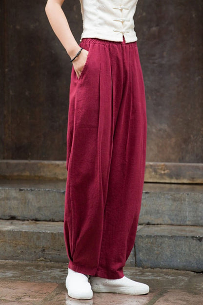 Orange Cotton Linen Lantern Pants - High Waist Wide Leg Comfort L0611