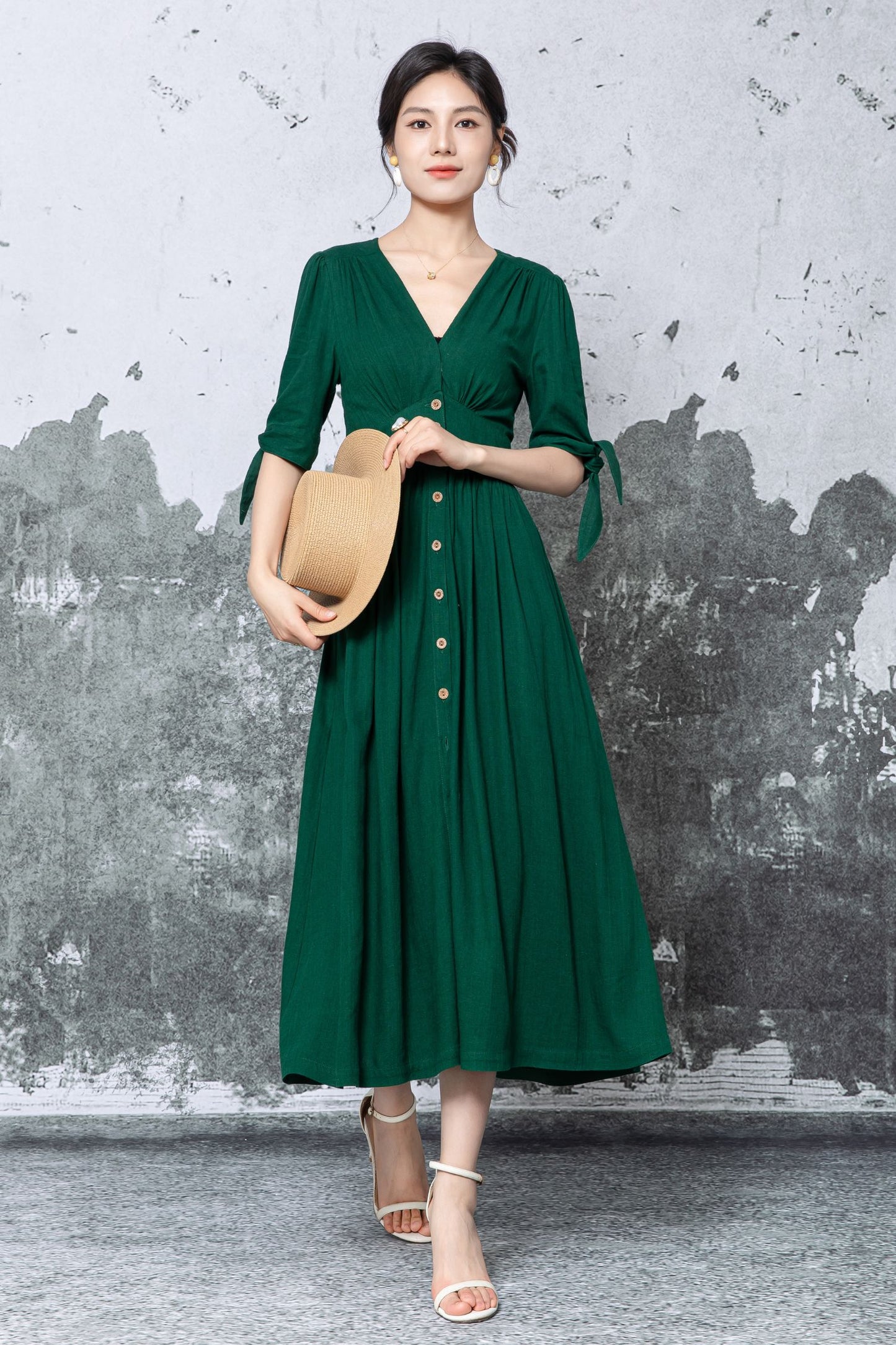 Dark Green Linen Midi Dress - V-Neck Button Front with Puff Sleeves c5473