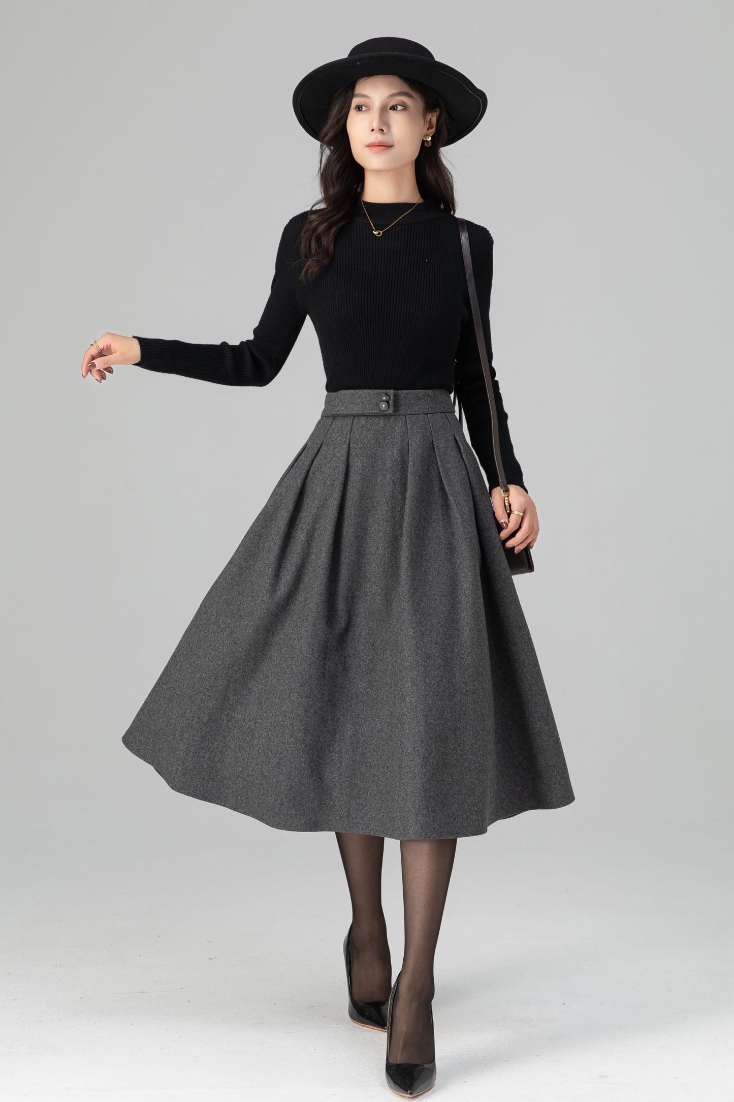 Winter Warm Pleated Midi High Waist Wool Skirt C5200