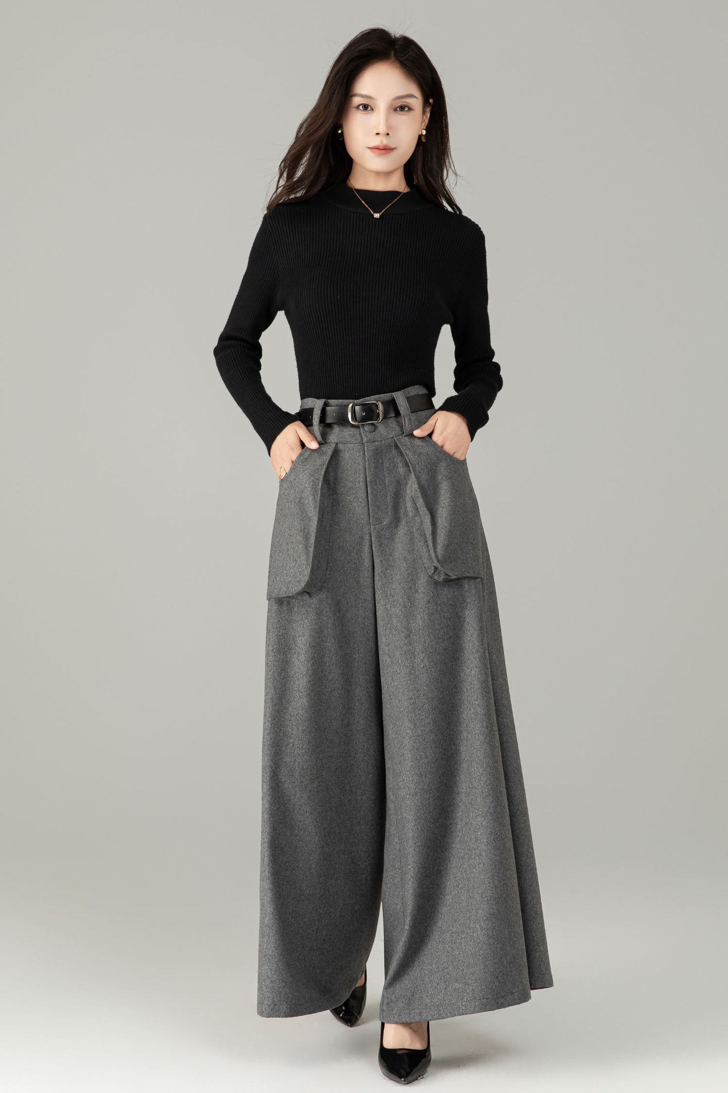 High-Waist Wide-Leg Wool Trousers — Palazzo Wool Pants C5245