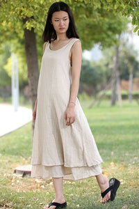 Casual sleeveless linen dress with double layerd hem C282