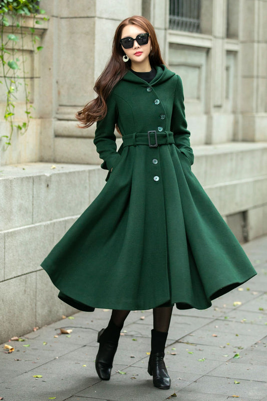 Swing green hooded wool coat C4503