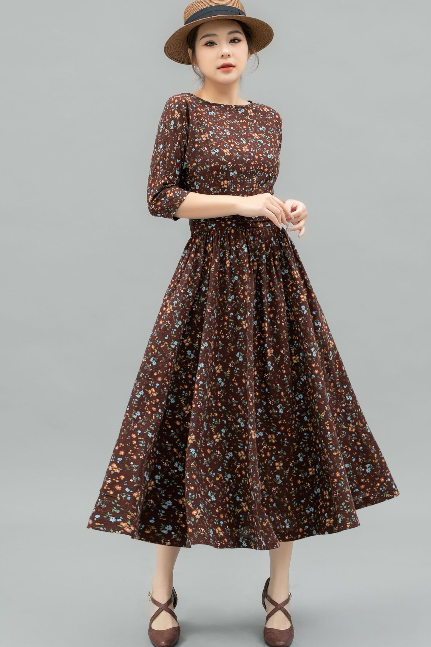 Vintage Inspired Floral Linen Midi Dress C4745