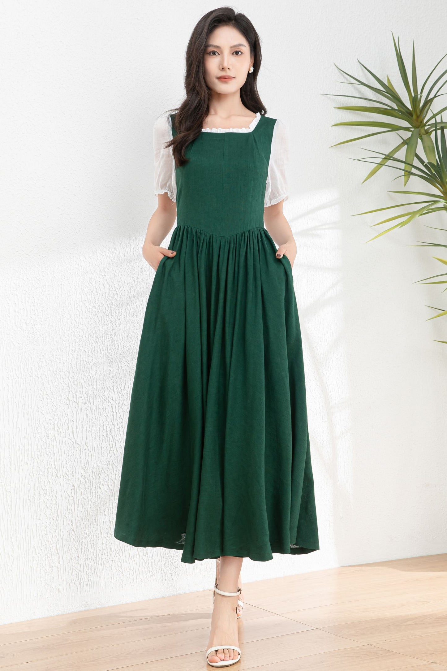 Womens dark green Linen midi Cottagecore Dress c4978