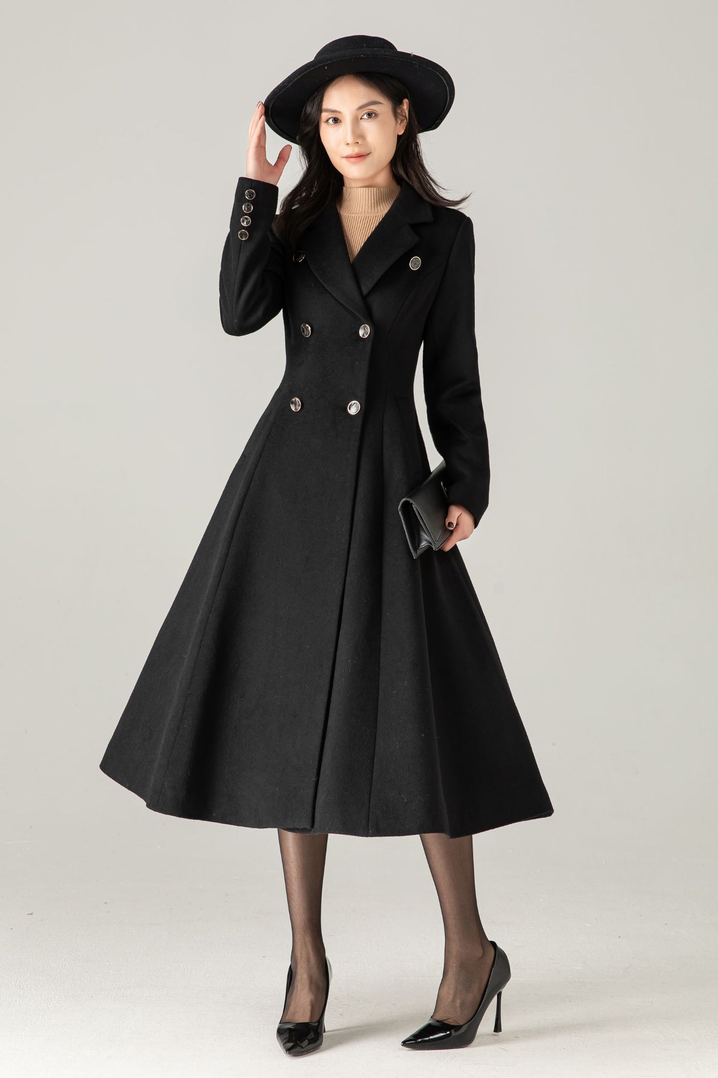 Black Wool-Blend Maxi Coat: Double-Breasted Belted Swing Overcoat, Ylistyle C5372