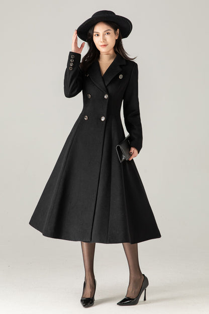 Black Wool-Blend Maxi Coat: Double-Breasted Belted Swing Overcoat, Ylistyle C5372