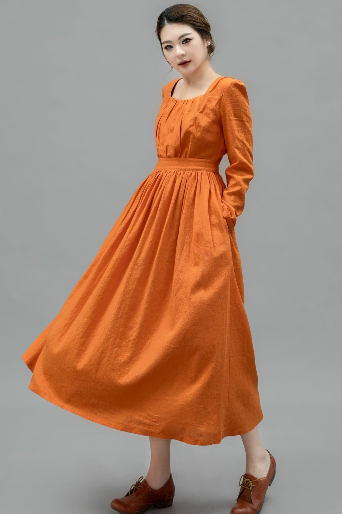 Light Orange Spring Linen Dress Women C4747