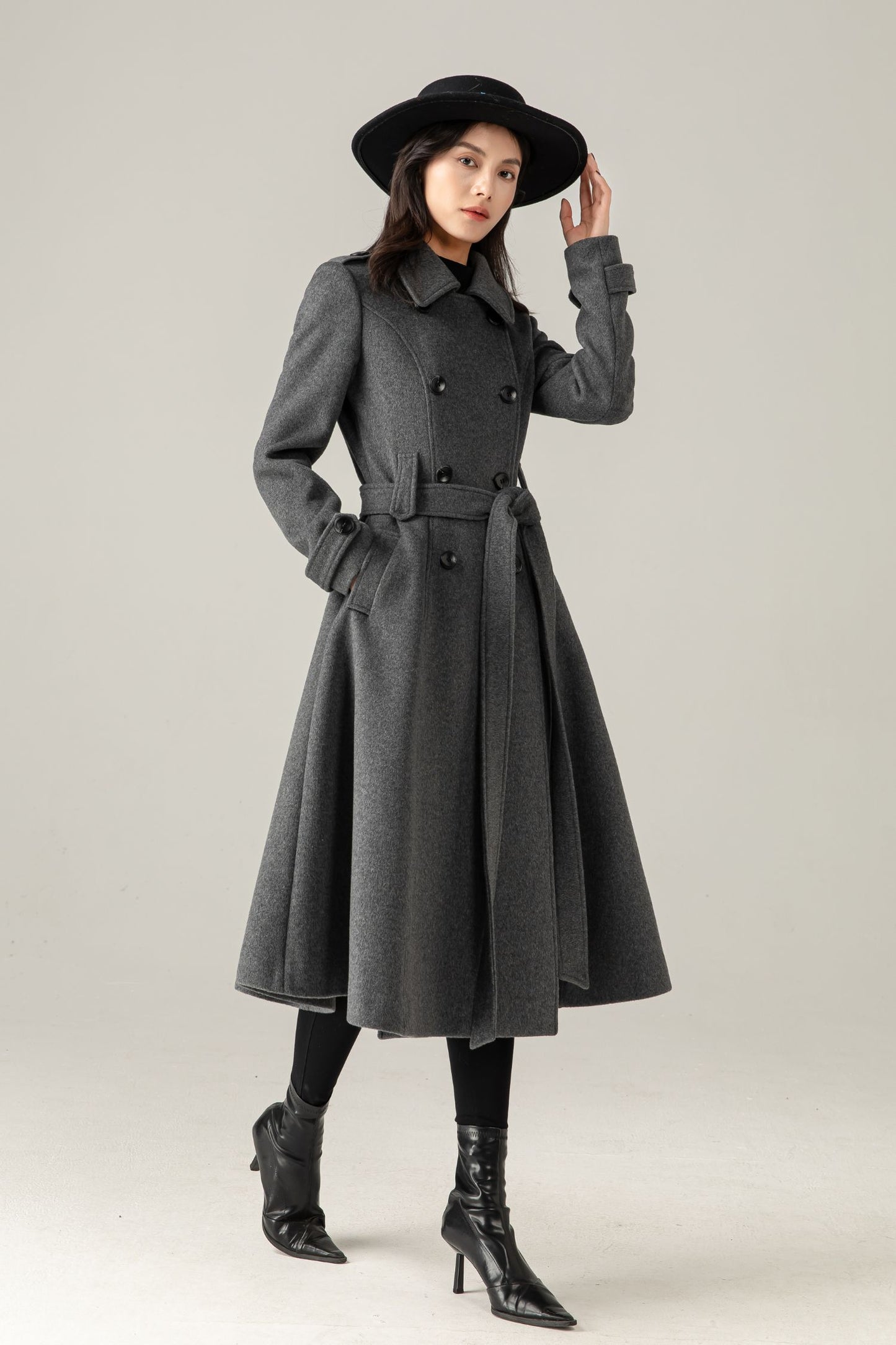 Gray Wool Blend Swing Coat: Double Breasted Belted Maxi Winter Overcoat, Ylistyle C5376