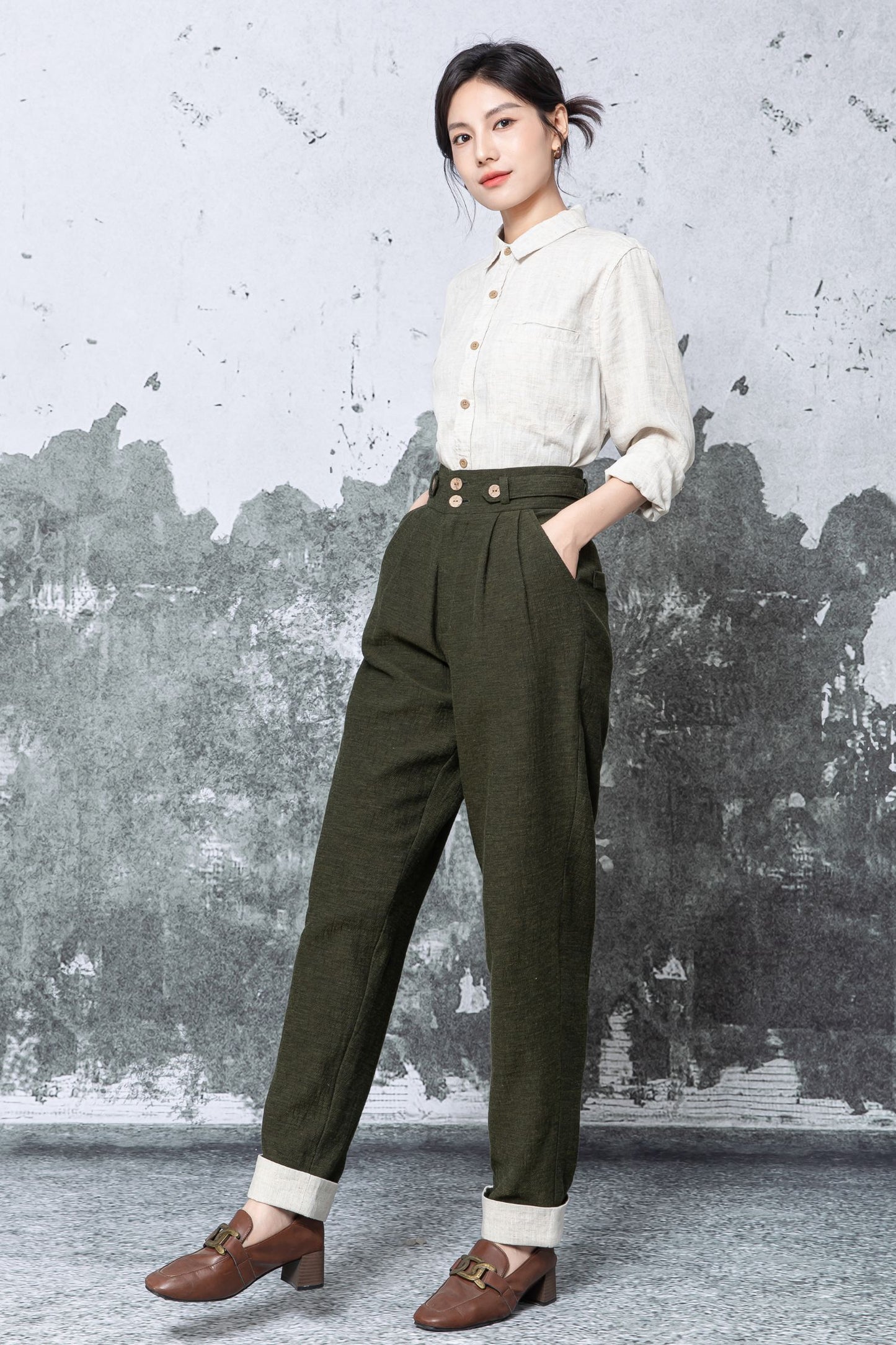 Olive Linen Blend Wide Leg Trousers - High Waist Relaxed Fit c5477