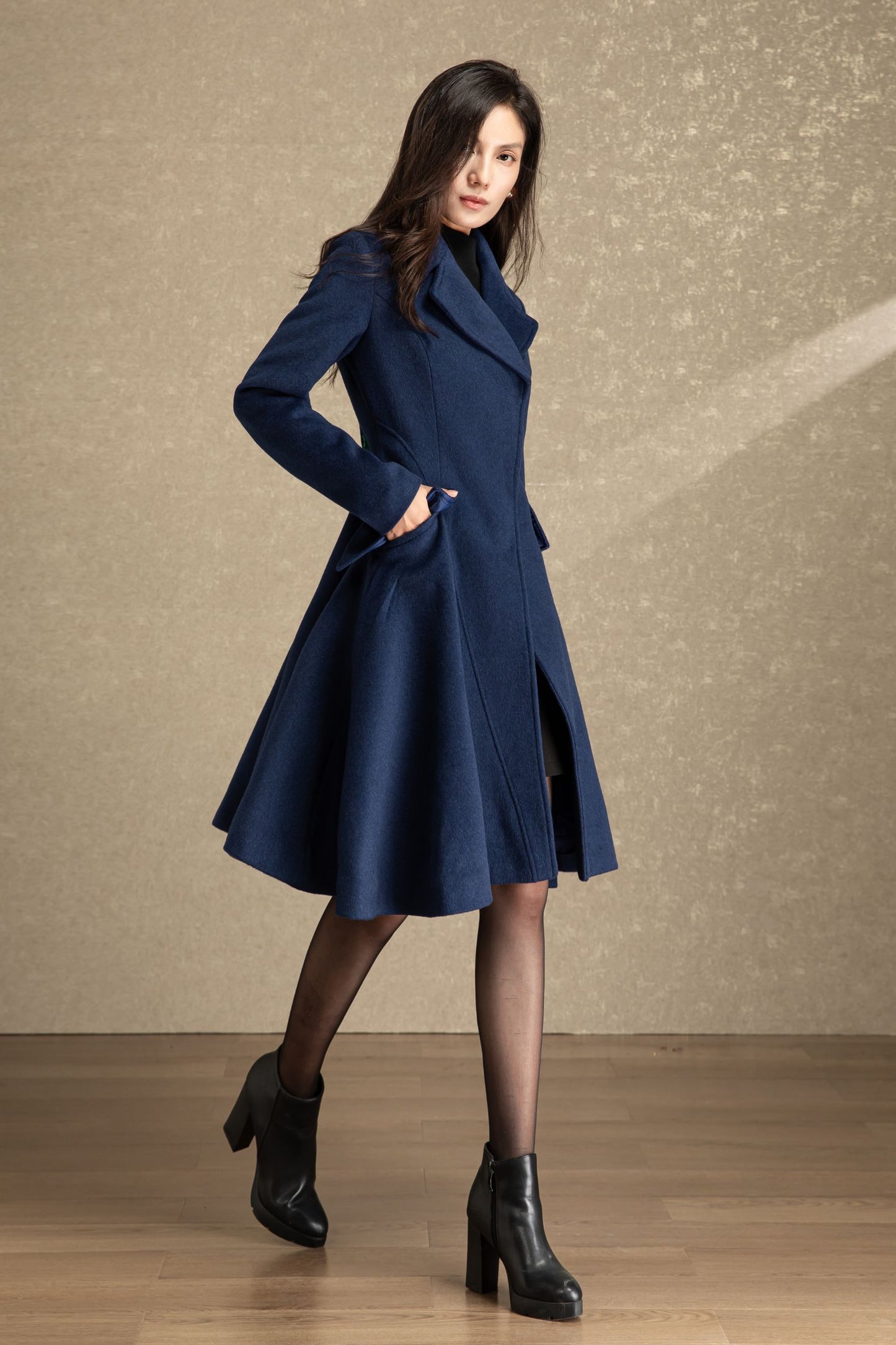 Blue fit and flare winter wool coat C4492