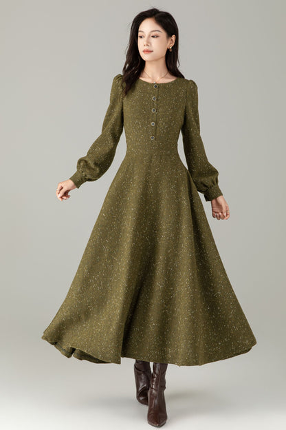 Olive Tweed Wool Maxi Dress — Vintage Button‑Front A‑Line with Pockets C5243