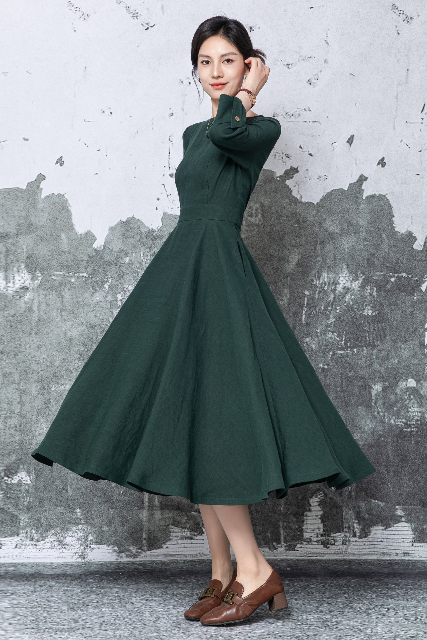 Dark Green Linen Midi Dress - Fit & Flare A-Line with Pockets c5460
