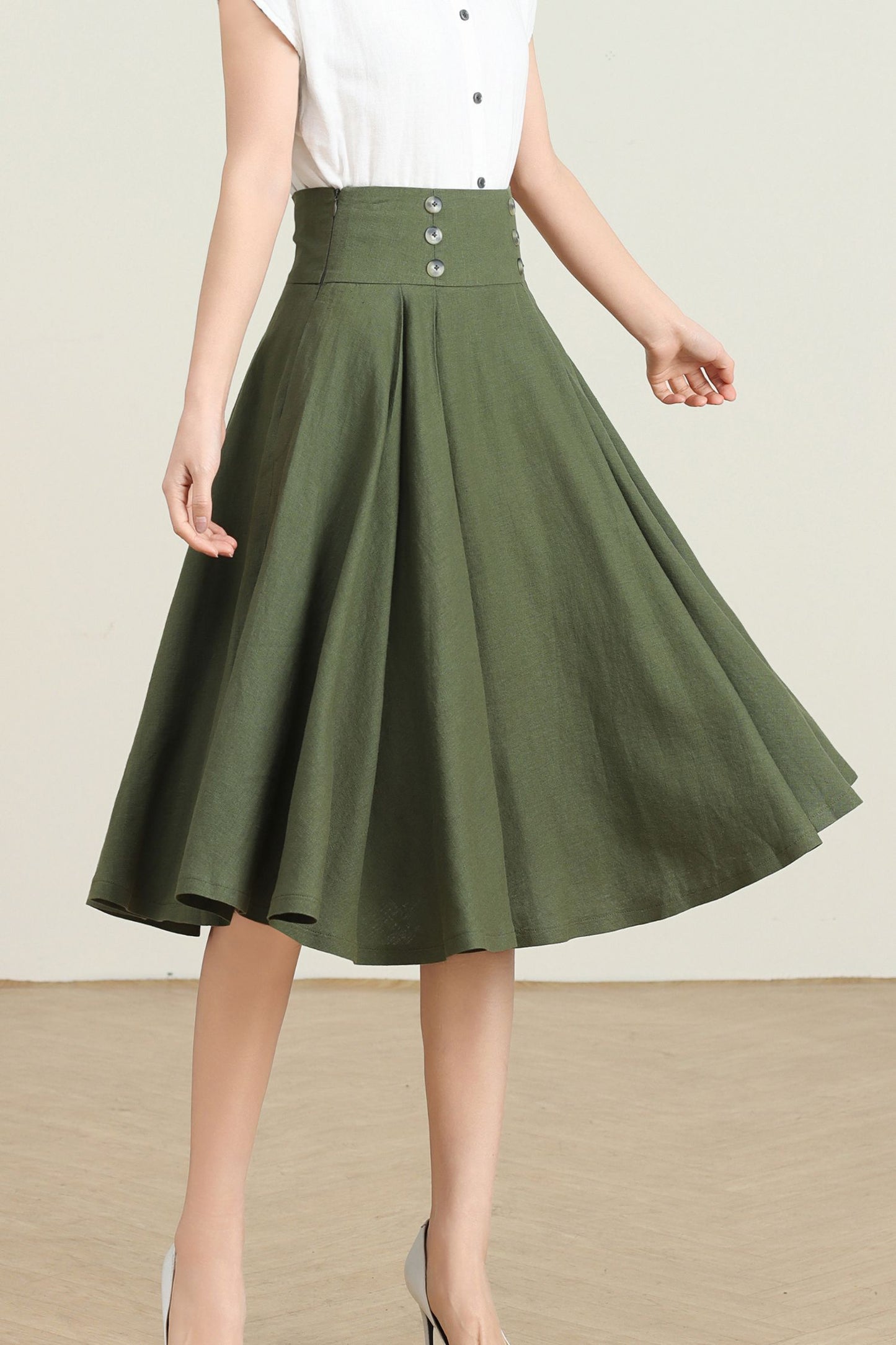 Green Pleated Swing Skirt with Pockets C4729