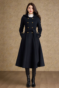 Double breasted hooded long wool coat C4480