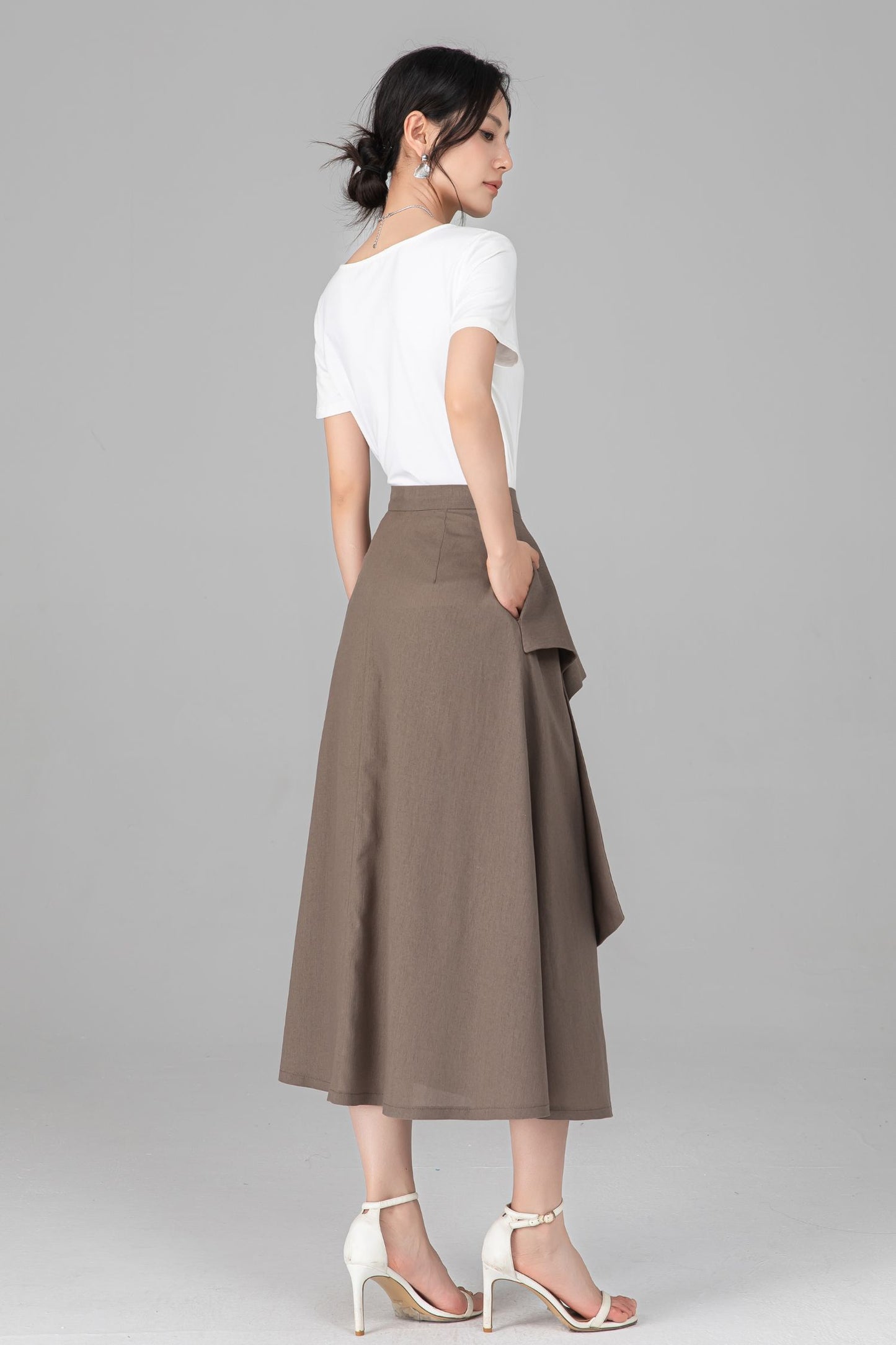 Khaki Linen Cotton Midi Skirt - Asymmetrical Layered Ruffle A-Line C5521