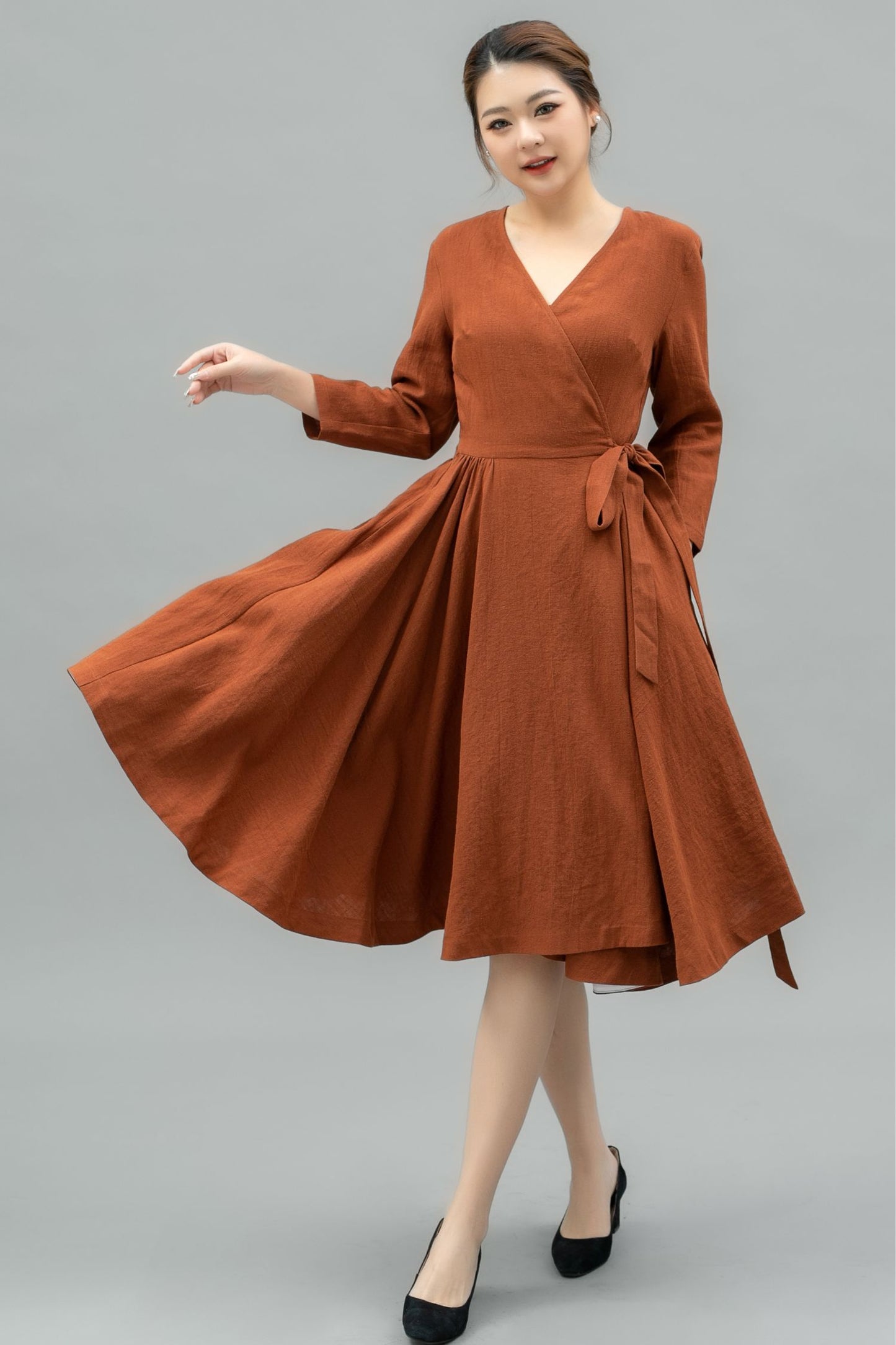 V-Neck Swing Midi linen dress with Waist Tie C4741