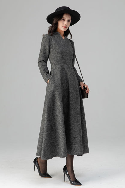 Warm Grey Long Sleeves Wool Maxi Dress C5204