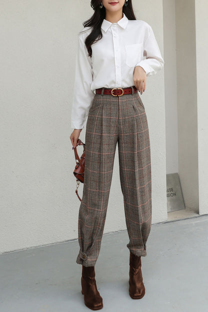 Plaid Wool Tapered Pants for Women C5189