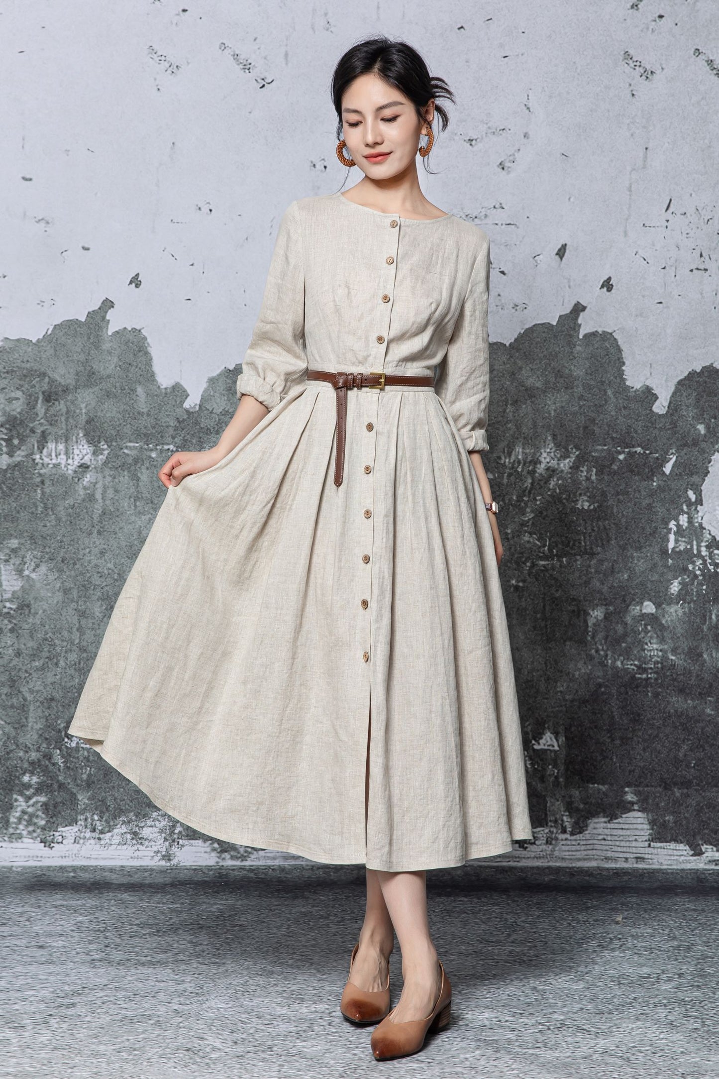 Beige Linen Midi Dress - Button Front Pleated A-Line Silhouette c5469
