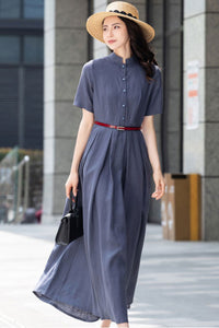 Summer Linen Button up Gray maxi Swing Dress C2829