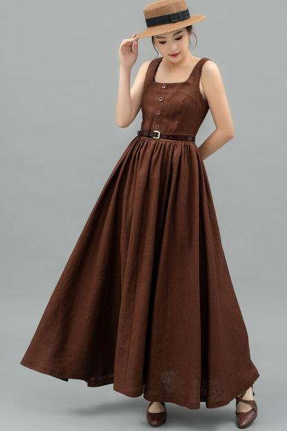 Brown linen Pinafore Maxi Dress C4746