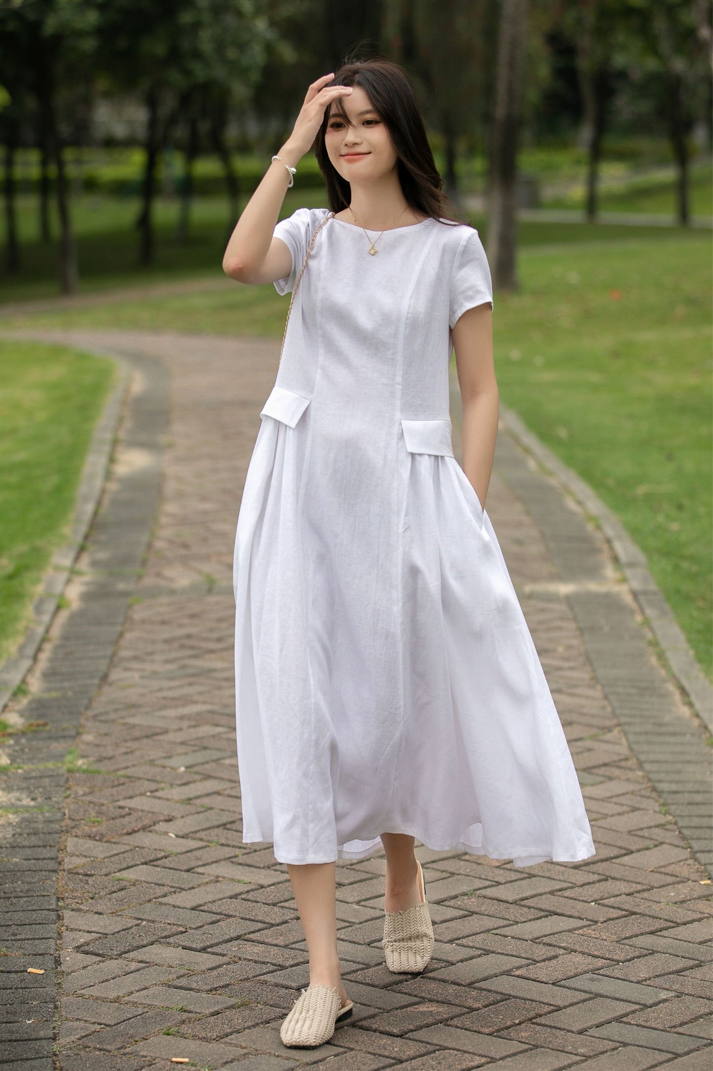 White Linen Midi Casual dress womens C4014