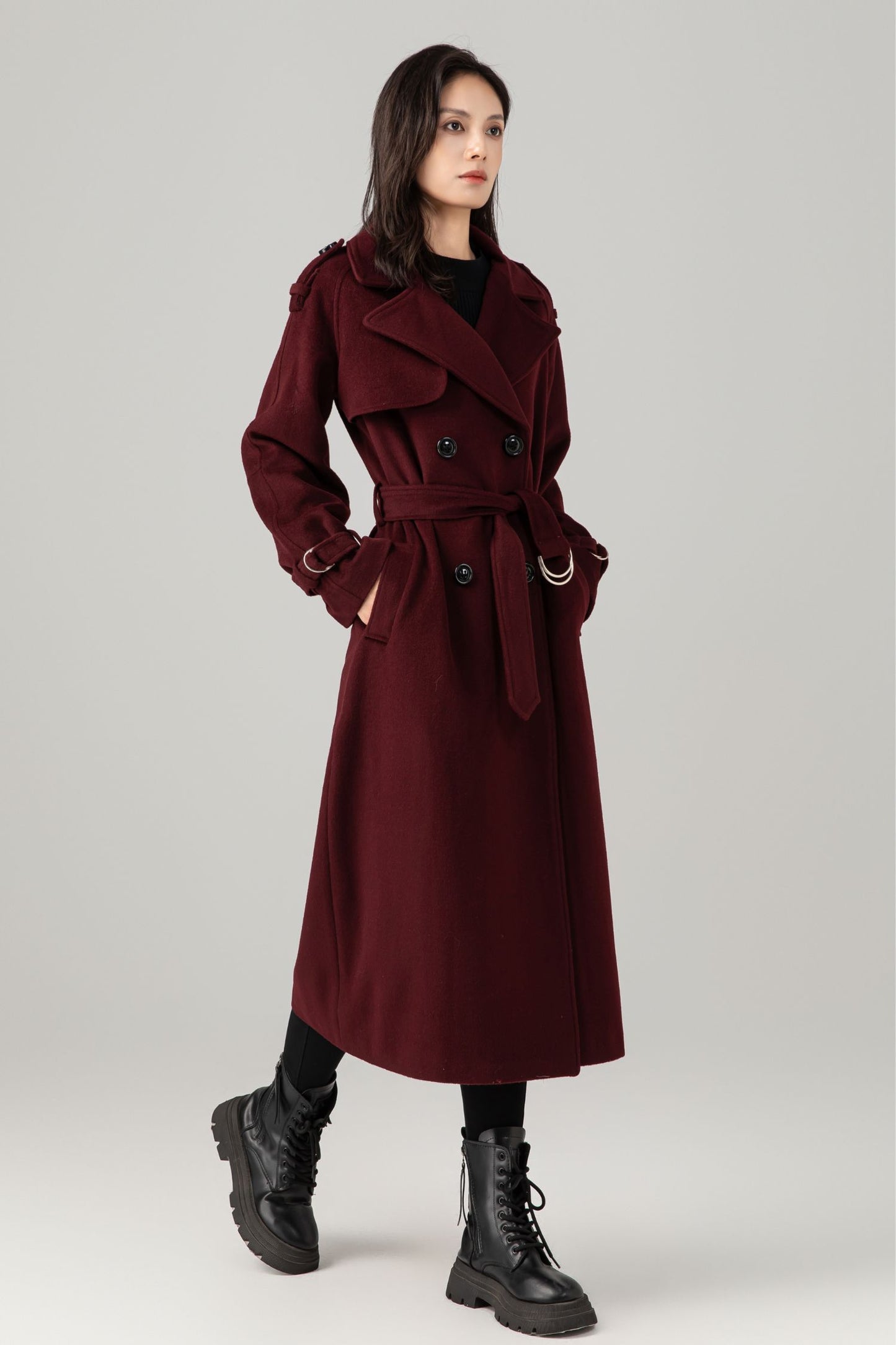 Burgundy wool maxi coat with self tie belt C5280