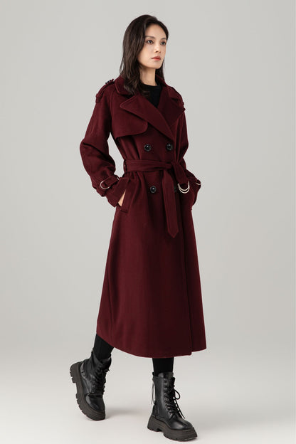 Burgundy wool maxi coat with self tie belt C5280